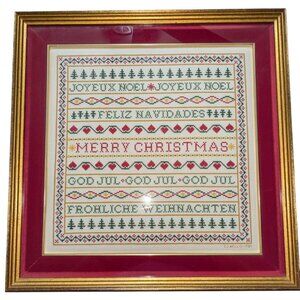 Needlepoint Art "Merry Christmas" Multilingual Design in Gold colored frame